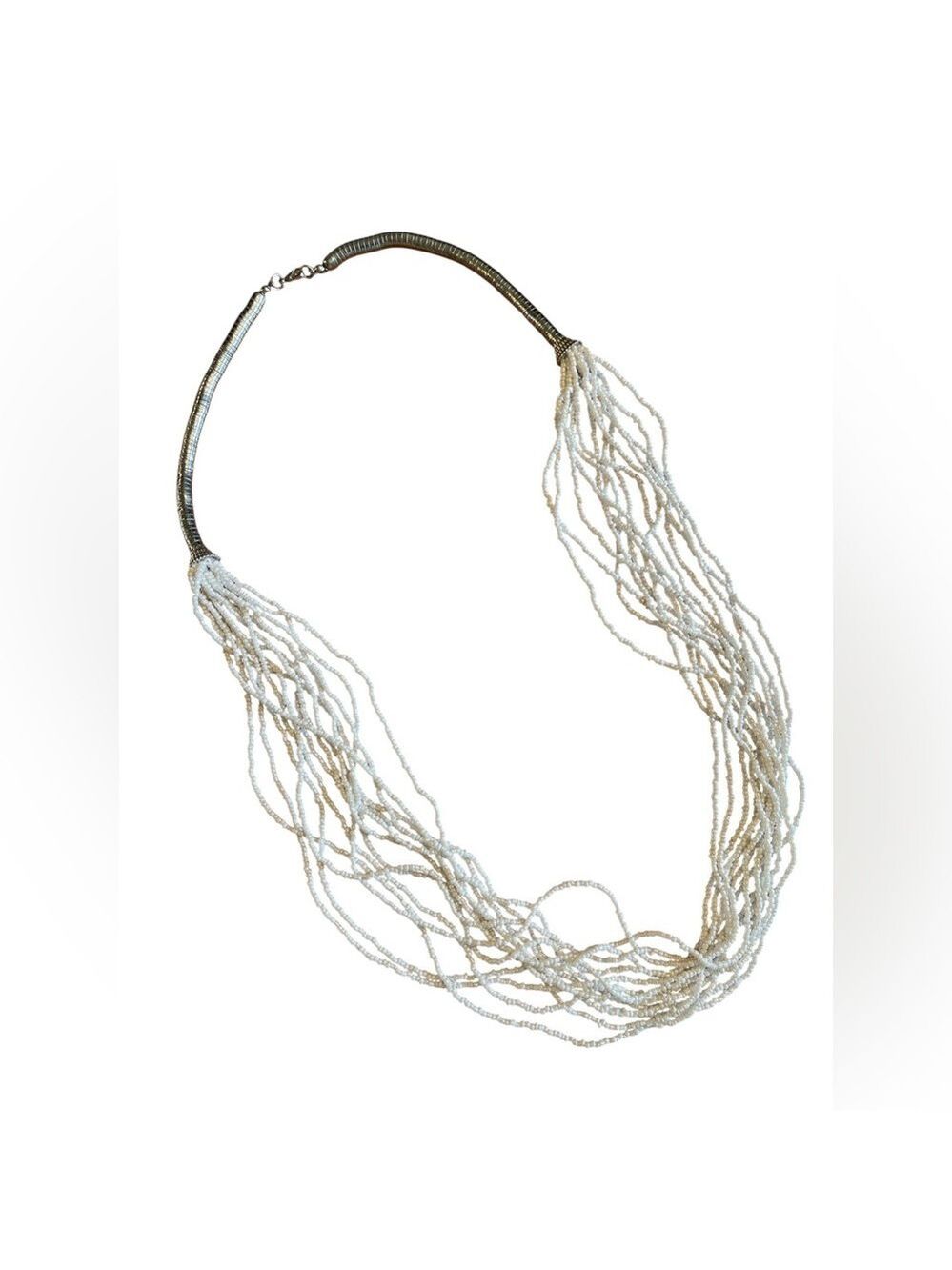White Seed Bead Multi Strand Necklace Boho Artisan Layered Statement 16” Drop
